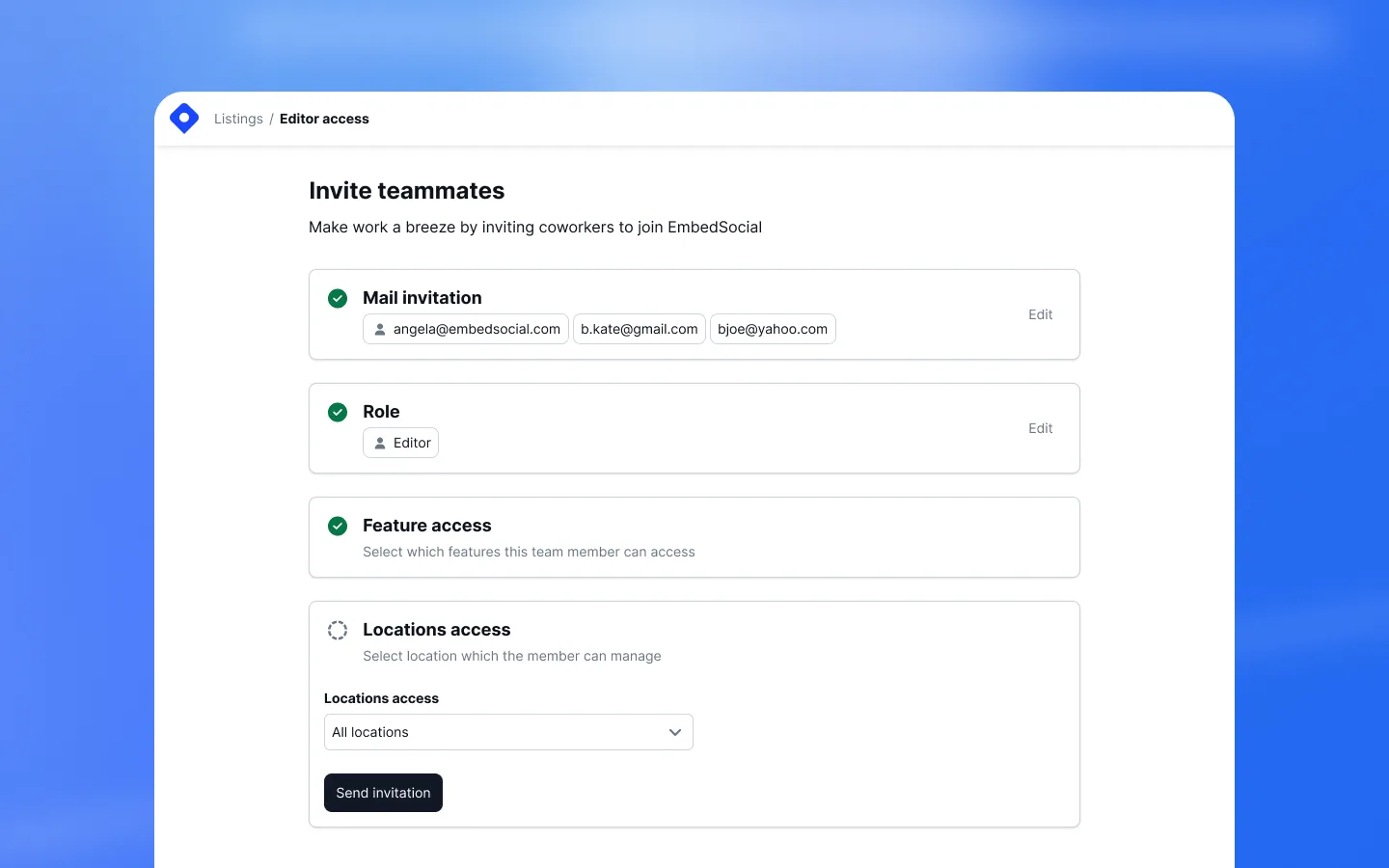 Team member invite and access management screen showing user roles and listing permissions