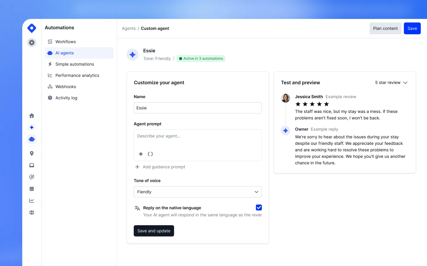AI Agent option selected in the review automation flow