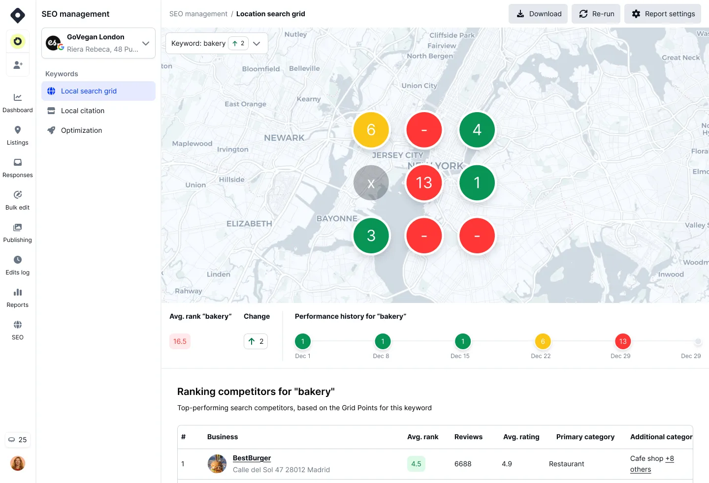 Local search grid map with color-coded pins across a city area