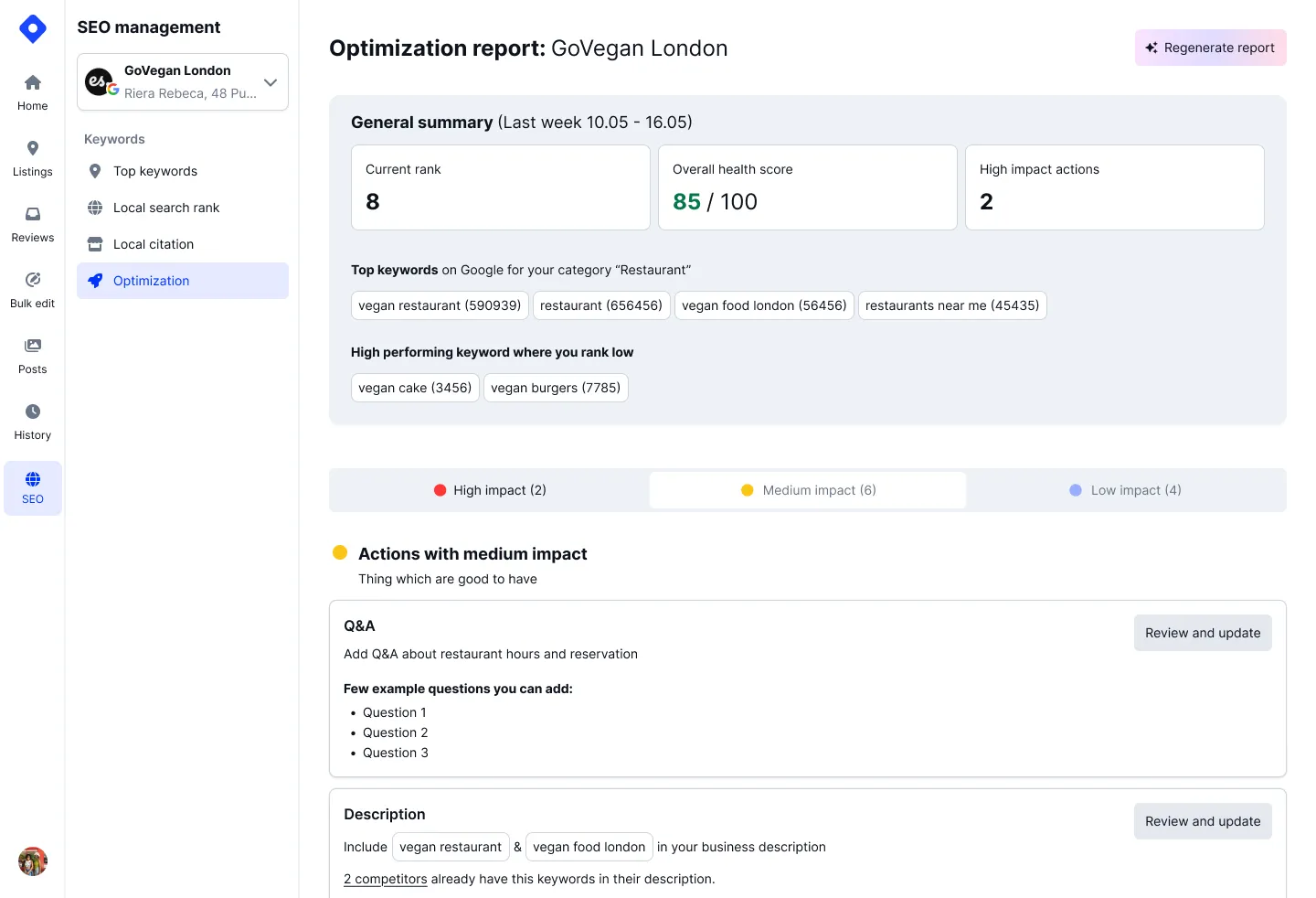 Audit listings report with SEO optimization summary
