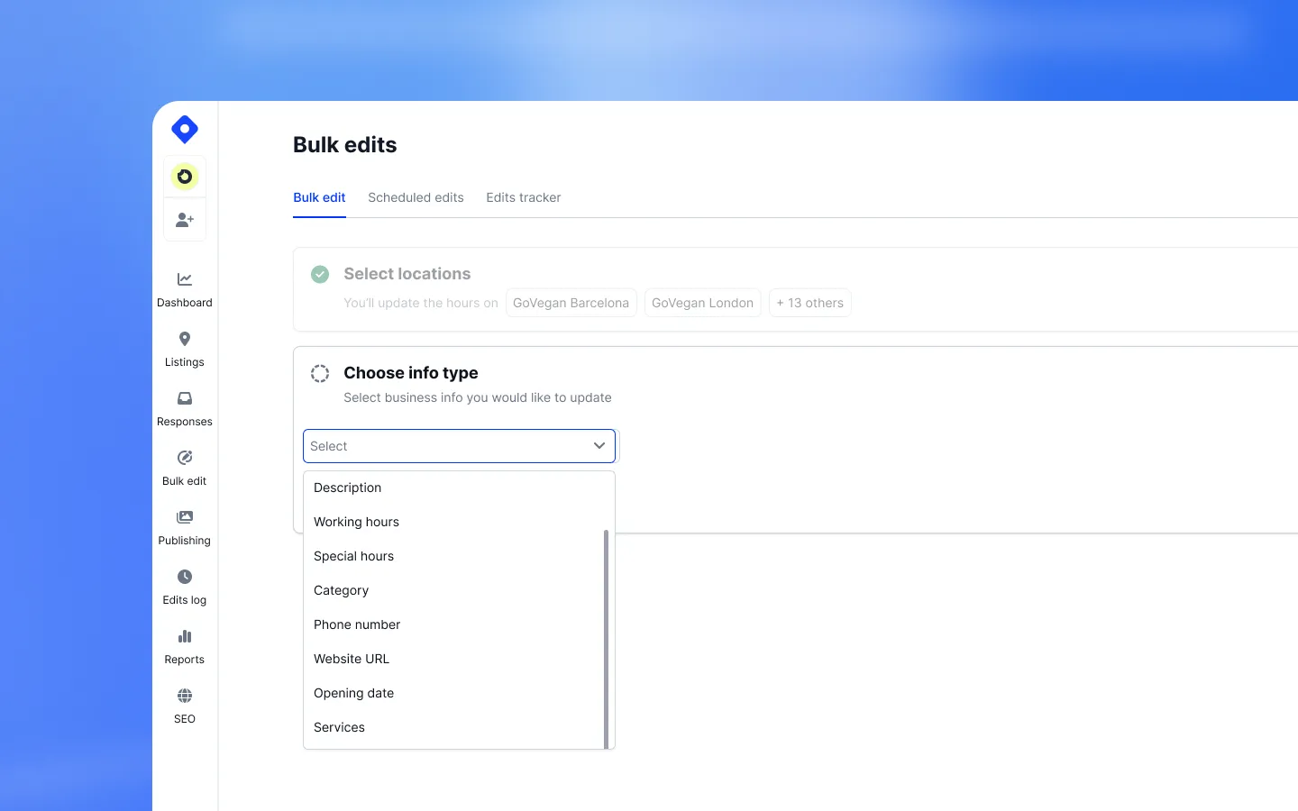 Single-info bulk edit with location selected and info type dropdown open