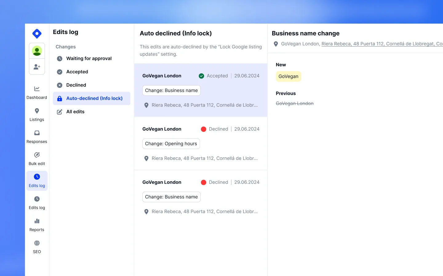 Edit log showing an auto-blocked change from Profile Locking