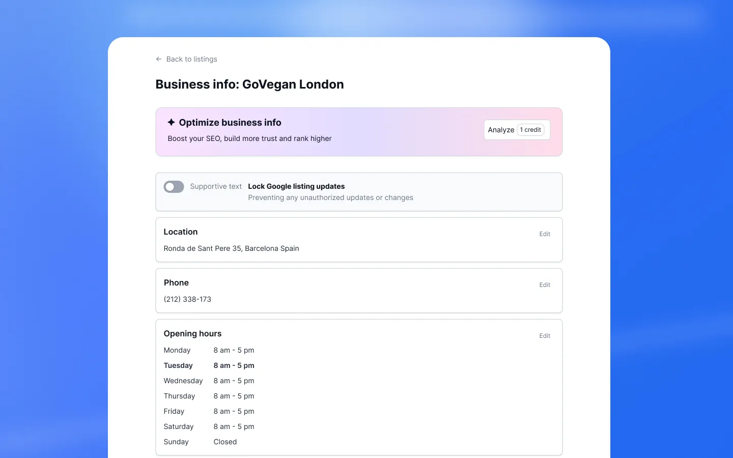 Single listing editing view for updating business profile fields
