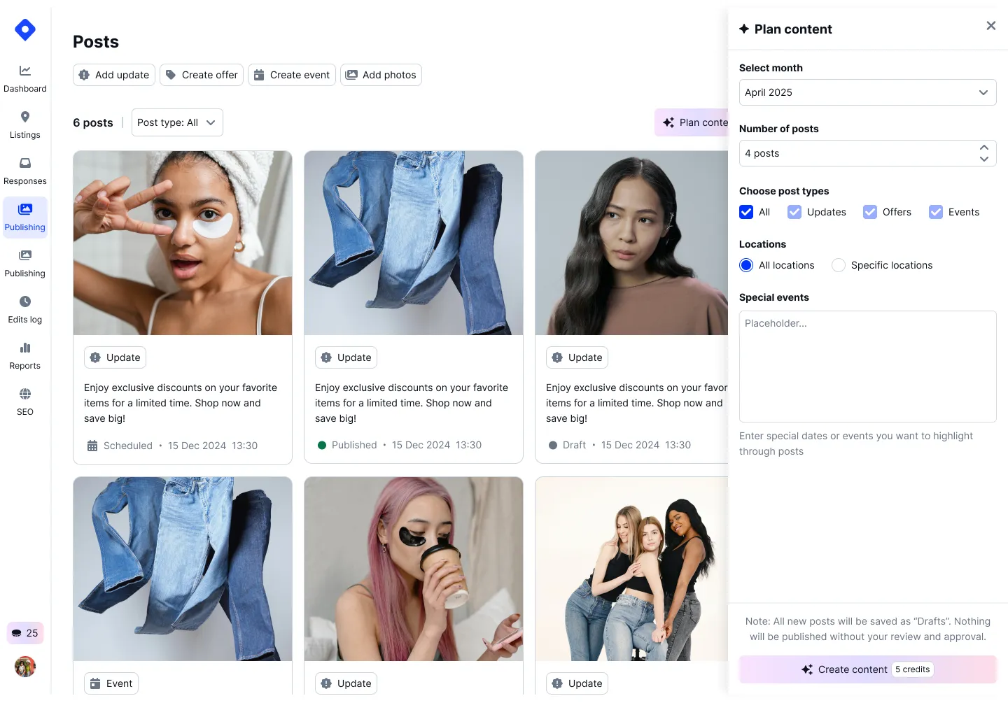 AI Content Planning interface showing suggested topics and publishing schedule for Google Posts