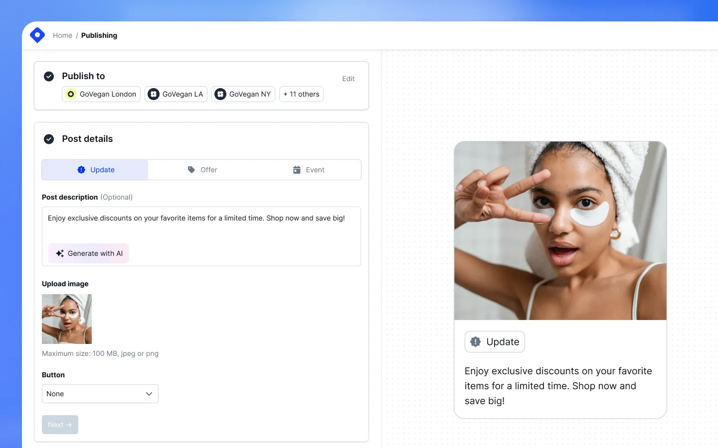 Post composer showing location selector, post type tabs, description field with Smart Parameters, and live preview