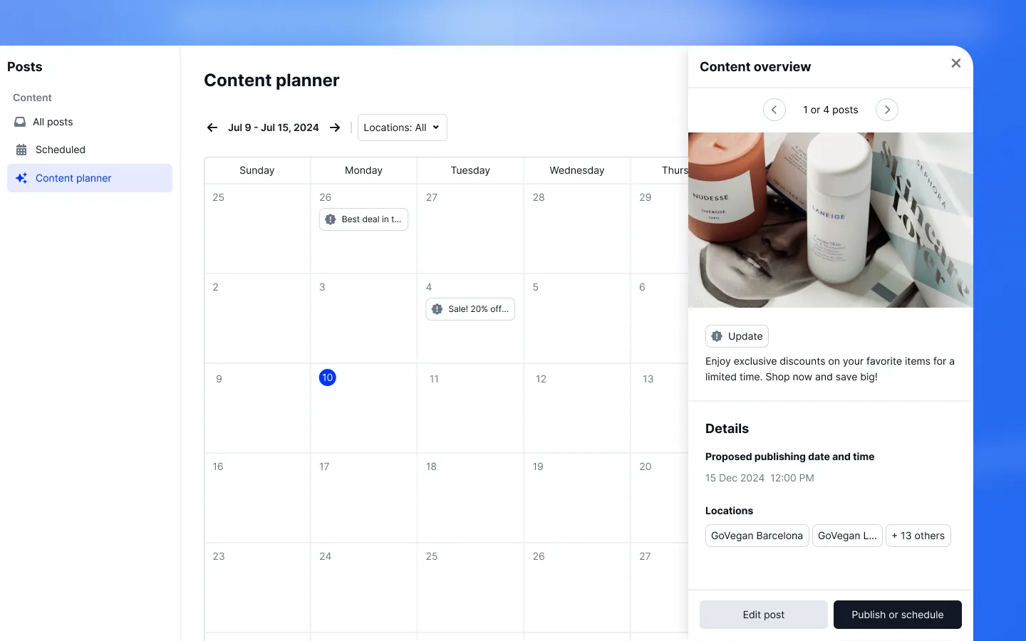 Content calendar with scheduled and published Google Posts across locations