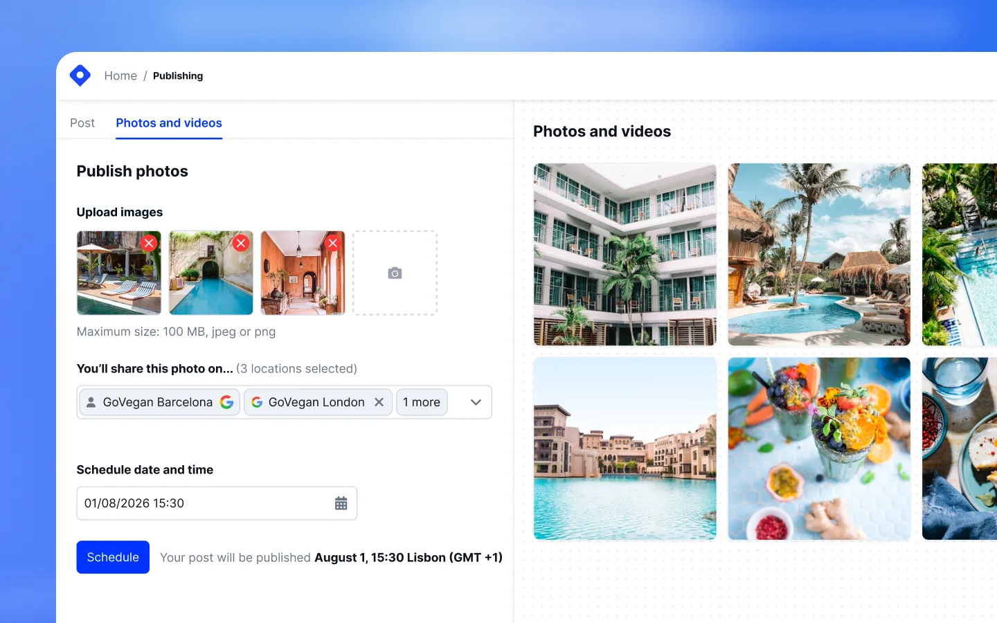 Bulk photo upload dialog showing image upload area and multi-location selector